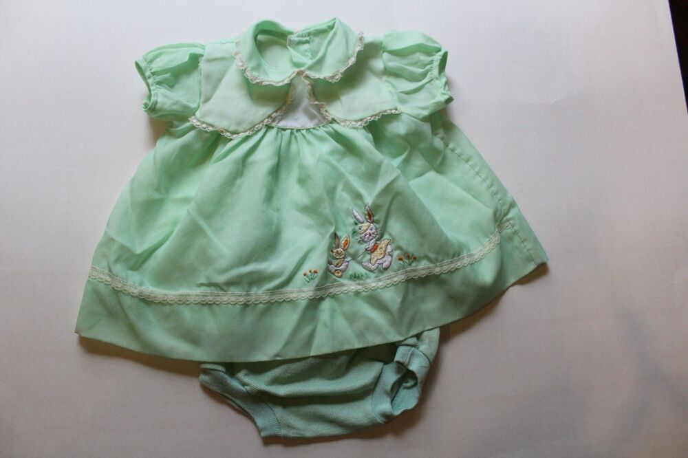 Vintage Mint Green Baby Dress and Bloomers Embroidered Bunny 6-9M